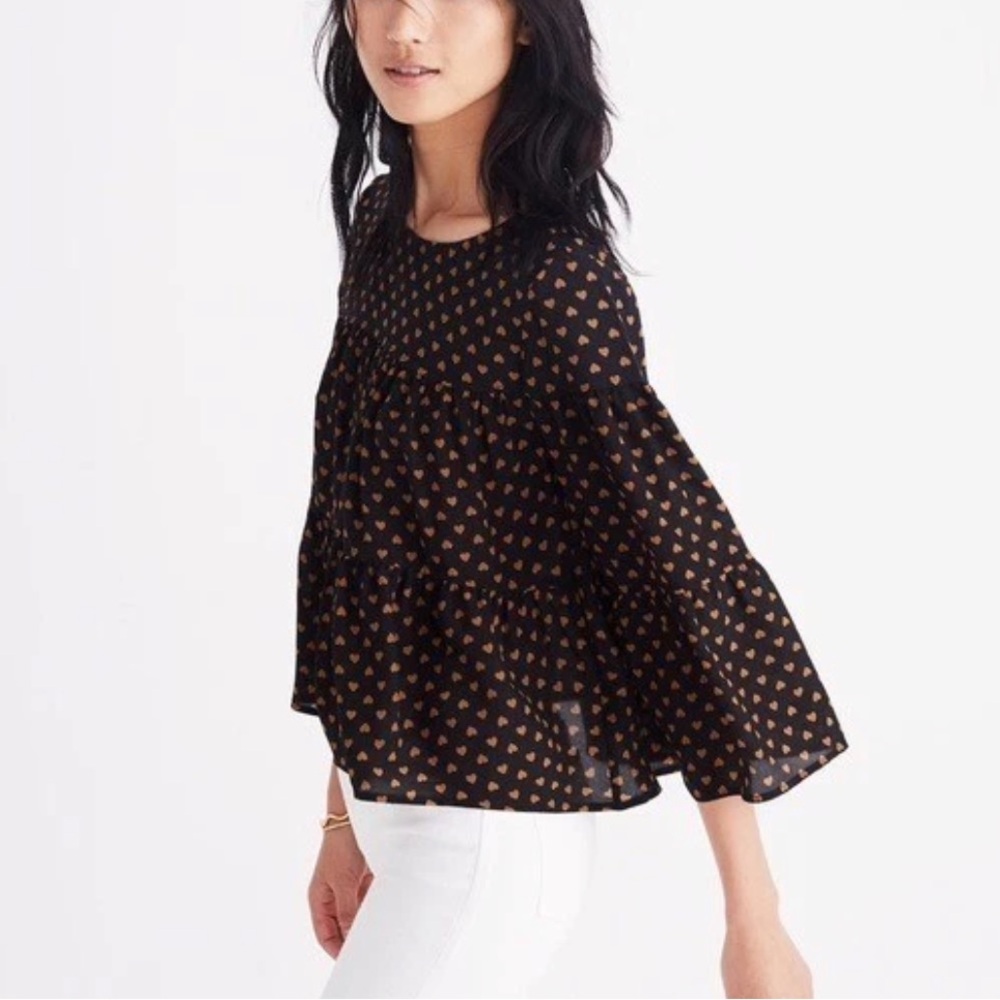 Madewell 100% SILK blouse top flowy heart print button back